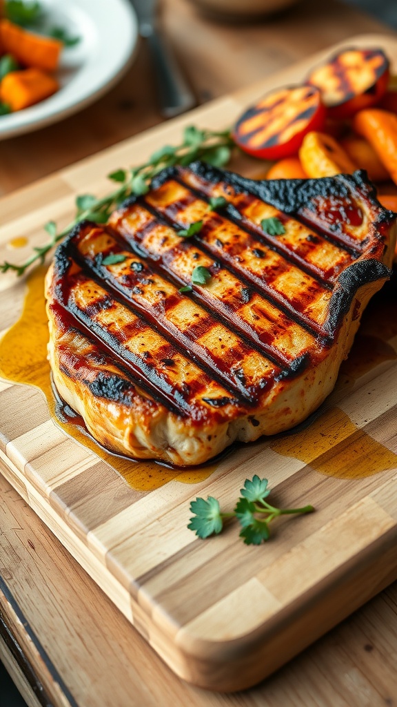 Grilled pork chop on a cutting board with herbs and grilled vegetables.